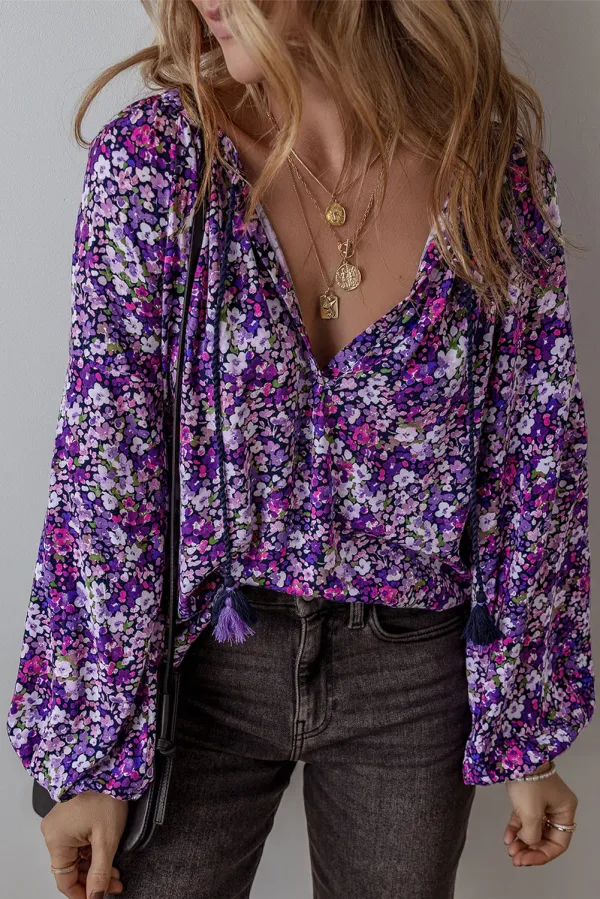 Purple Boho Flower Split V Neck Bubble Sleeve Blouse - Purple / / 100%Polyester - Purple