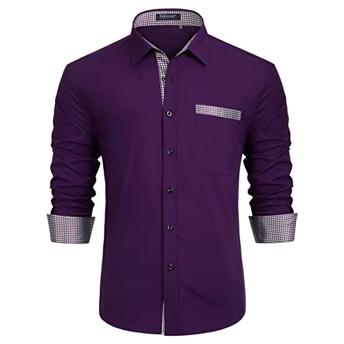 Purple Dress Shirts for Men Long Sleeve Regular Fit Formal Wedding Shirt Business Contrast Colour Ca