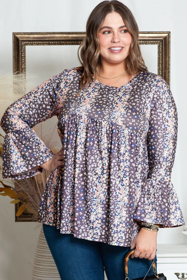 Purple Floral Print Round Neck Plus Size Babydoll Blouse - PURPLE / 2X / 95%POLYESTER+%ELASTANE