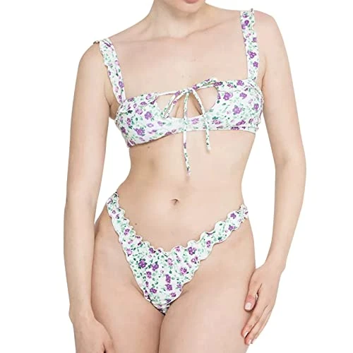 Purple High Waisted Bikini Set 2 Piece Swimsuits for Women Removable Shoulder Straps 3 Piece Swimwear for Women Halter Swim Tops Briefs Trunk Sets January Sale Autumn Winter Essentials