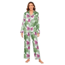 Purple Orchid Flower Palm Leaves Women's Satin Pyjamas Set Long Sleeve Button Down Sleepwear XXL