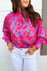 Purple Printed Bubble Sleeve Mock Neck Blouse - PURPLE / / 100%POLYESTER Purple Printed Bubble Sleeve Mock Neck Blouse - PURPLE / / 100%POLYESTER