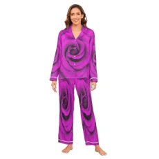 Purple Rose Flower Floral Women's Satin Pyjamas Set Long Sleeve Button Down Sleepwear XXL