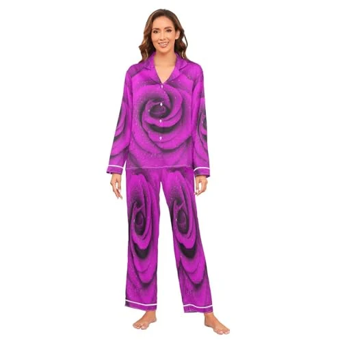 Purple Rose Flower Floral Women's Satin Pyjamas Set Long Sleeve Button Down Sleepwear XXL