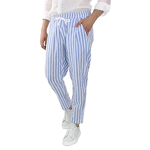 Pyjama Bottoms Men's Striped Trousers Summer Linen Trousers Cotton Lightweight Straight Leg Trousers Elastic with Drawstring Casual Beach Trousers Comfortable Pyjamas Lounge Trousers with Pockets