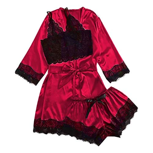 Pyjama Set Women's Lace 3 Piece Satin Robe and Camisole Sleep Shorts Satin Kimono Robe Ladies Lace Trim Bathrobe Nightdress Burgundy L