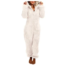 Pyjamas Fluffy and Cuddly Soft Warm Loungewear Plain Zip Loose with Hood Jumpsuit Pyjamas Casual Winter Warm Romper Cute Ears Sleepwear Modern Coat Women, beige, L