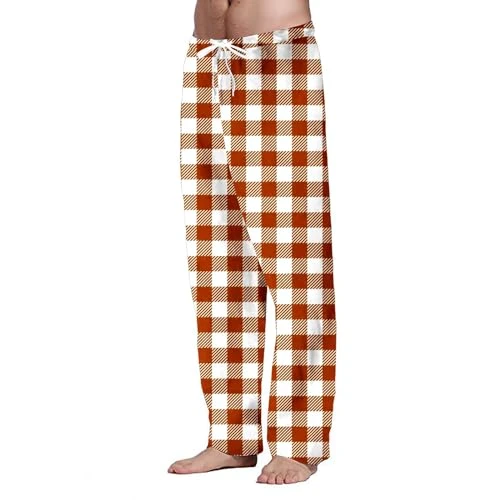 Pyjamas for Men Pants Men Baggy Fashion Checked Pyjama Bottoms Casual Beach Trousers Comfortable Baggy Drawstring Pants Plus Size Lightweight Lounge Pants Wrinkle-Resistant Chino Trouser Brown