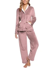 Pyjamas for Women Fleece Pyjamas Set Soft Warm Nightwear Loungewear Fluffy Pjs Button Down Long Sleeve Sleepwear with Pockets Pink