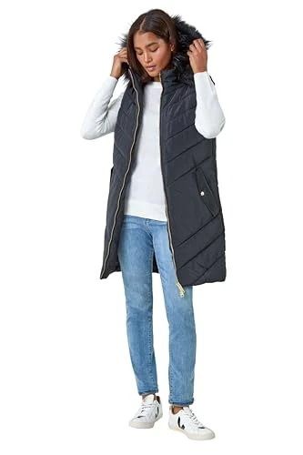 Quilted Faux Fur Hood Longline Gilet for Women UK - Ladies Everyday Autumn Winter High Neckline Comf