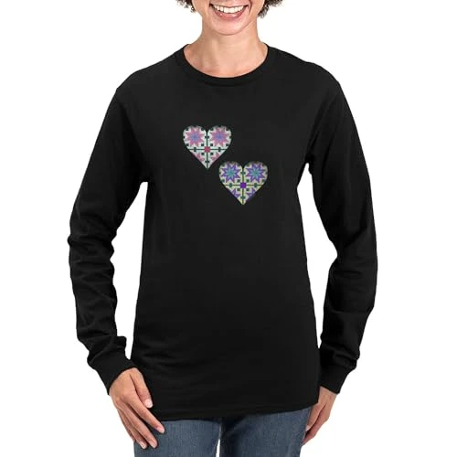 Quilted Hearts Women's Long Sleeve Dark T Shirt Women's Graphic T Shirt Long Sleeve Casual Black