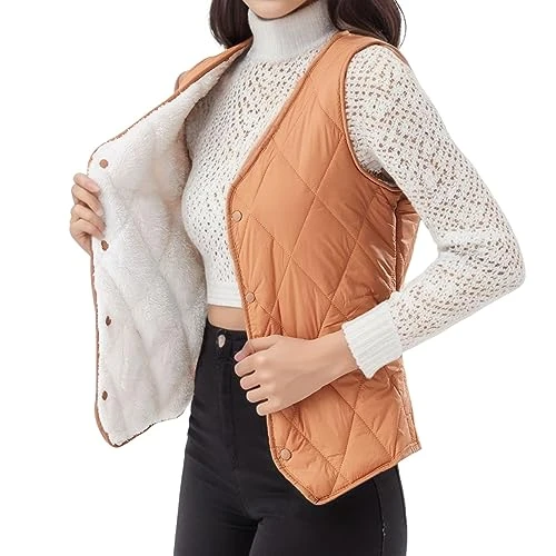 Quilted vest for women, stand-up collar, lightweight fleece vest with resin buttons, wool jacket, wo