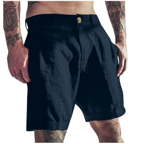 QWUVEDS Men Shorts Linen Classic Slim Casual Elastic Waist Summer Beach Shorts Short Pants Men Cycli