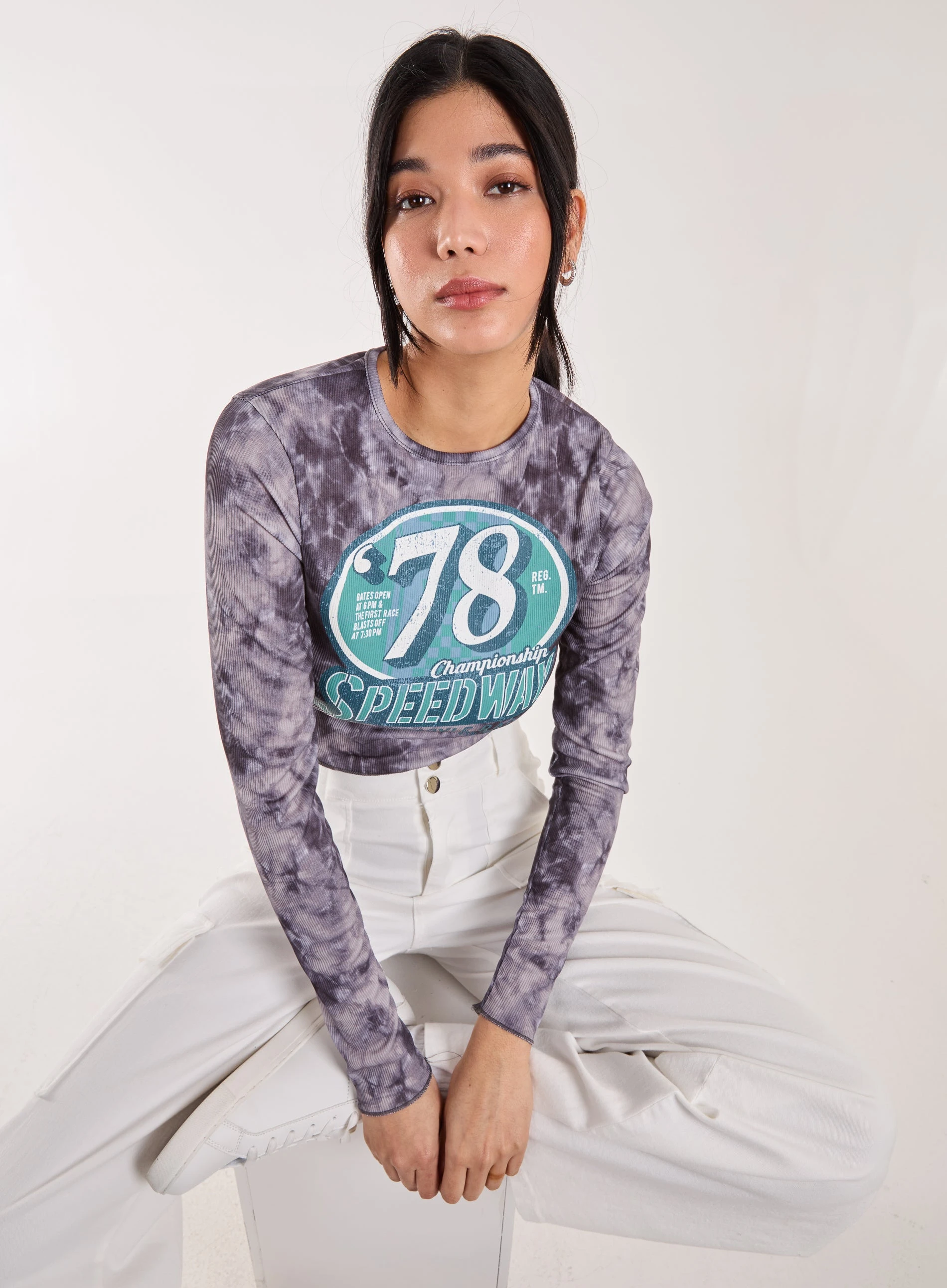 Racer Washed Printed Long Sleeve Top  - S  - BLUE