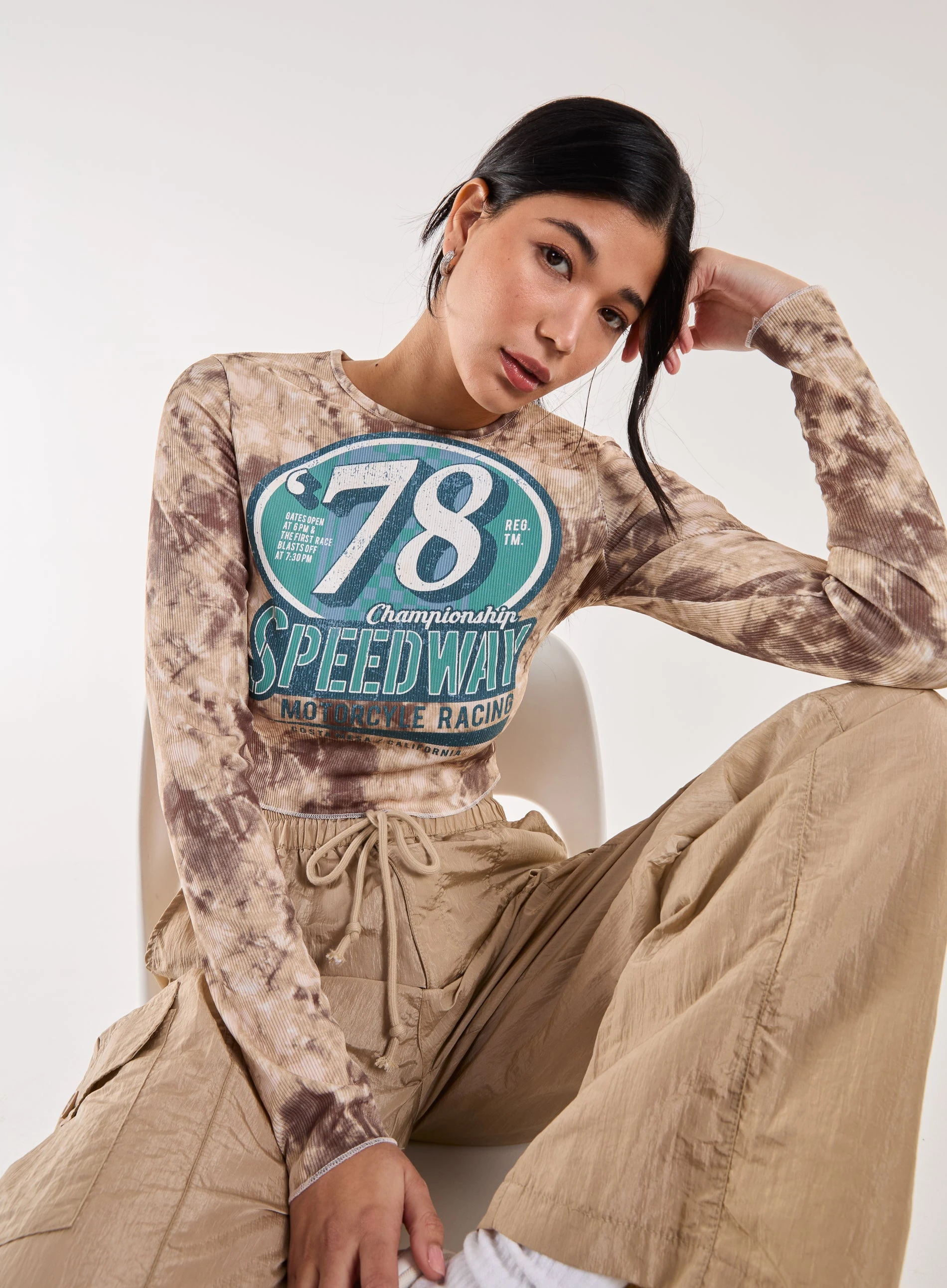 Racer Washed Printed Long Sleeve Top  - S  - KHAKI