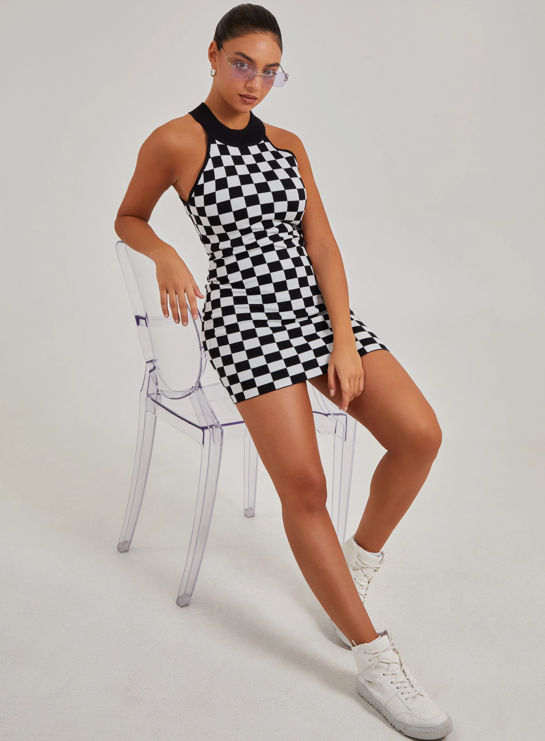 Racerback Check Mini Dress  - S  - Black Pattern