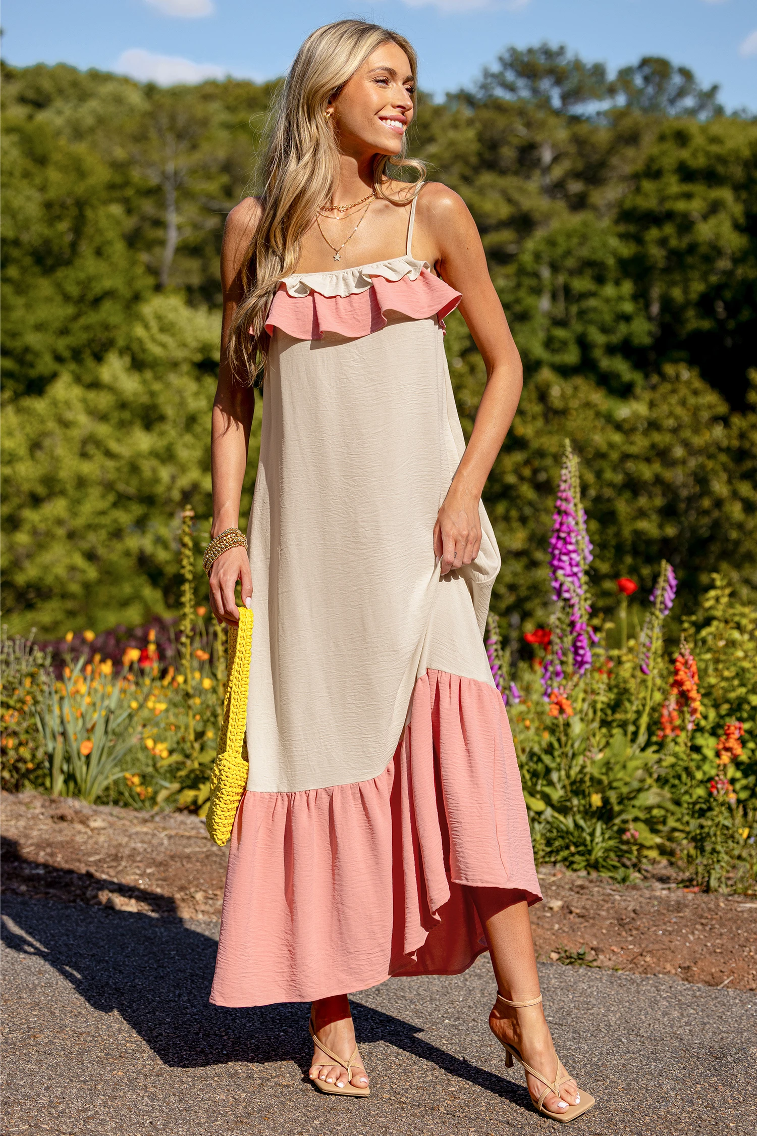 Raspberry Cream Colorblock Maxi Dress - Beige