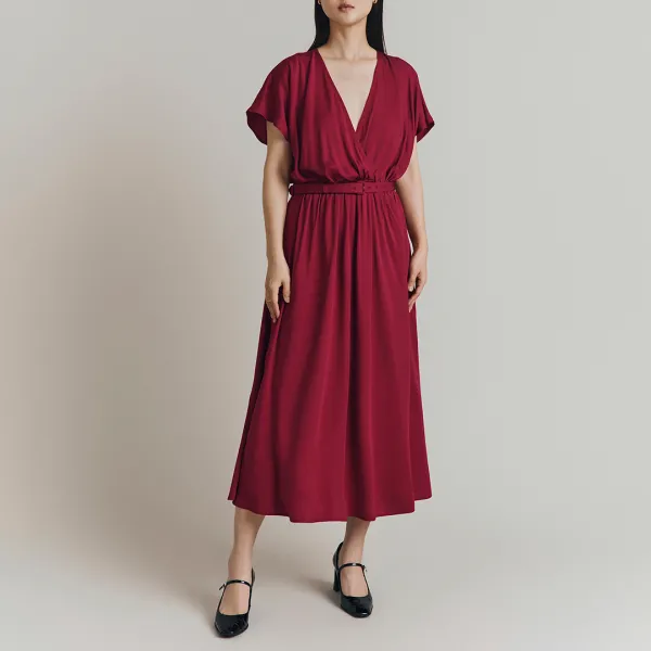 Raspberry Satin Gathered Midi Dress - Pink