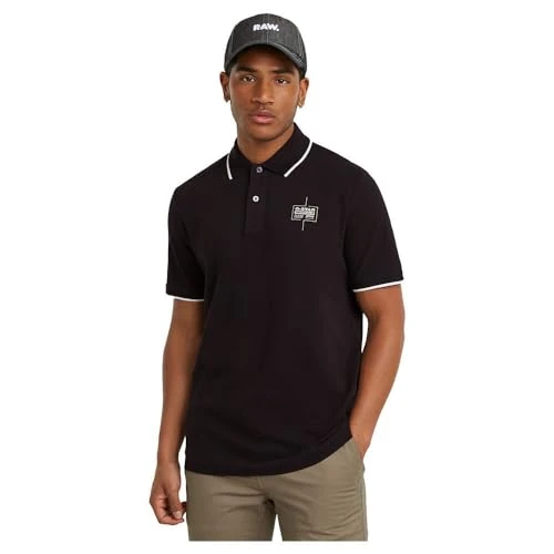 RAW Men's Chest Logo Striped Polo Short Sleeve Shirt, Black (Dk Black D25719-d248-6484), L