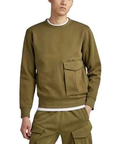 RAW Men's Premium Cargo Pocket Crew Neck Sweatshirt D23486-d425-c744, Dark Olive, L