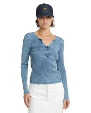 RAW Women's Deep v Indigo Henley Slim ls wmn Tops, Blue (Sun Faded Indigo D24656-D643-B503), XL RAW Women's Deep v Indigo Henley Slim ls wmn Tops, Blue (Sun Faded Indigo D24656-D643-B503), XL