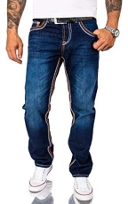 RC-2056 Men’s Designer Jeans, Trousers, Thick Stitching, Vintage Blue - Blue - W32