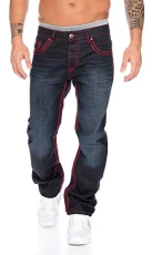 RC-2092 Men's Designer Denim Jeans Trousers Thick Decorative Stitching, black, 33 W/32 L