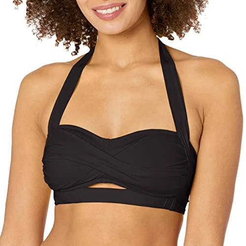 REACTION Women's Banded Halter Twist Front Bikni Swimsuit Top Bikini, Black//Ruffle/Licious, Small