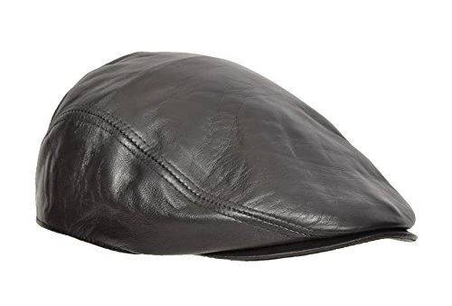 Real Leather Flat Cap Newsboy Ivy Peaked Gatsby Golf Cabbie Hat (Black, 60)