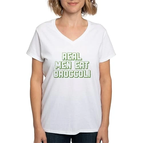 Real Men Eat Broccoli Women's V Neck T Shirt Womens Cotton V-Neck T-shirt White
