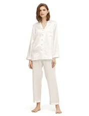 Real Silk Pajamas for Women Comfy Two Piece Set Long Sleeve 19 Momme Pure Mulberry Natural Silk Sleepwear Ladies (Natural White, S)