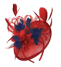 Red and Navy Blue Sinamay Disc Saucer Fascinator Hat for Women Weddings Headband