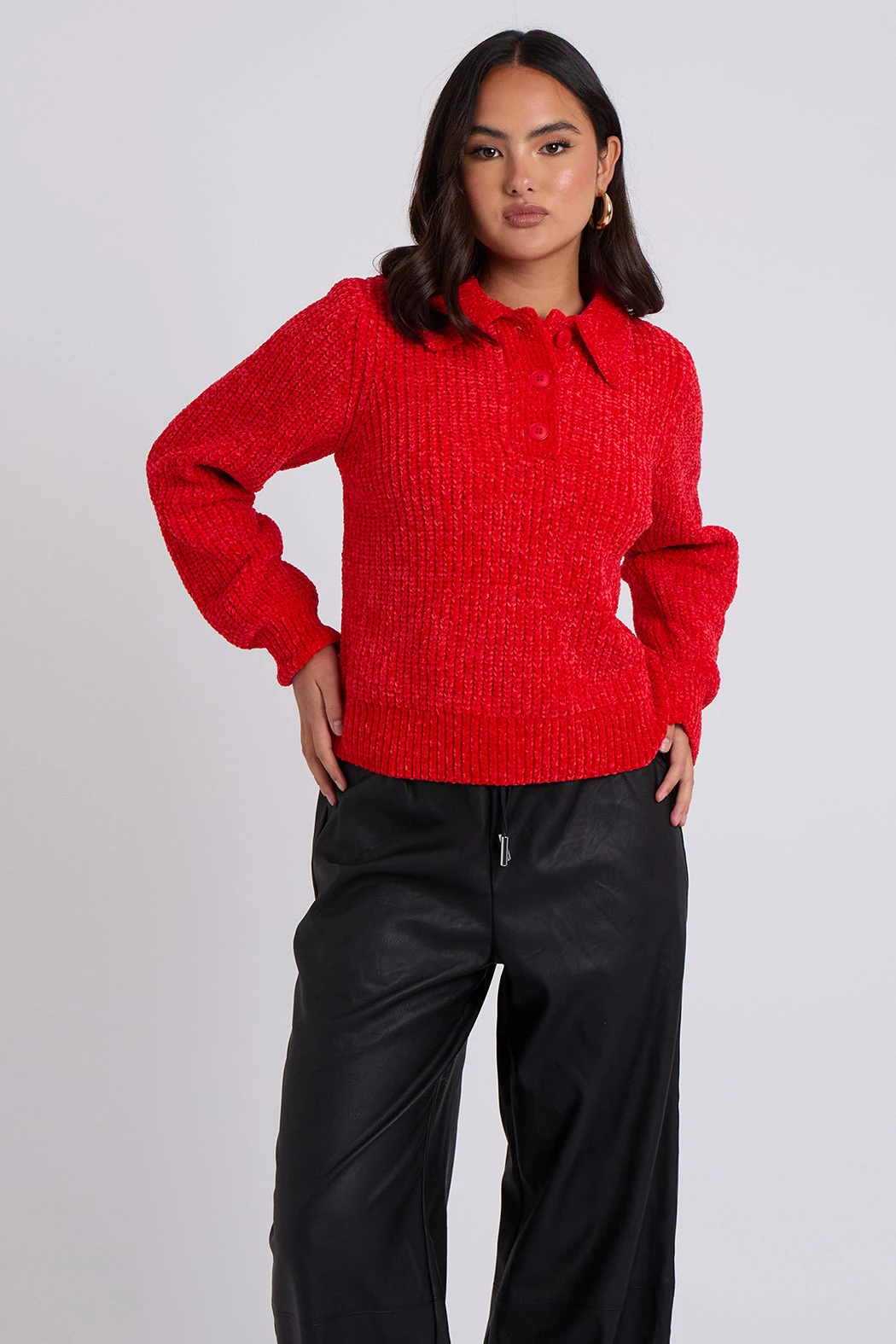 Red Chenille Button Front Jumper /