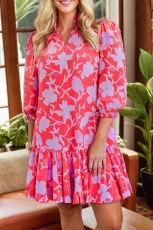 Red Floral / Sleeves Ruffle Hem Mini Dress - Red /