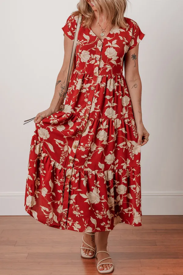 Red Floral Print Buttoned Front V Neck Tiered Short Sleeve Maxi Dress - Red / / 100%Polyester - Red