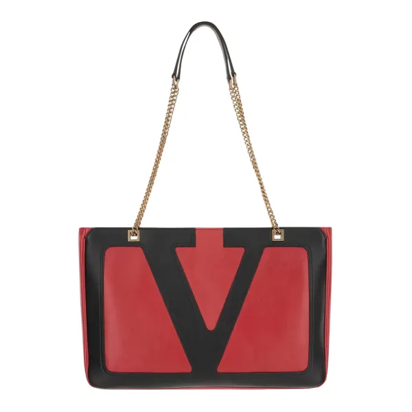 Red Leather Black V Logo Chain Shoulder Bag