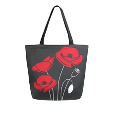 Red Poppy Flower on Black Canvas Tote Bag Women Large Shoulder Bag Reusable Grocery Shopping Bag Handbag Girls Purse Gift