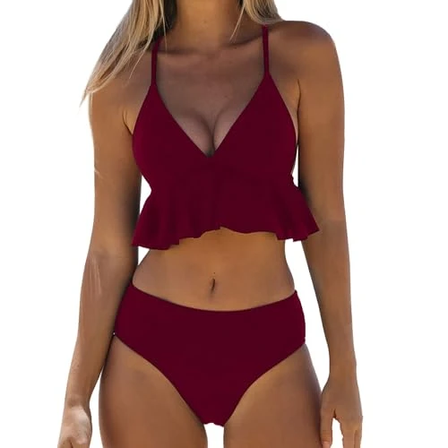 Red Sexy Bikini Sets for Women UK Plus Size Bikini Swimsuit Breathable Hight Cut Women's High Waisted Bikini Set Push up Two Piece Swimsuit Gifts for Mum Festival Essentials