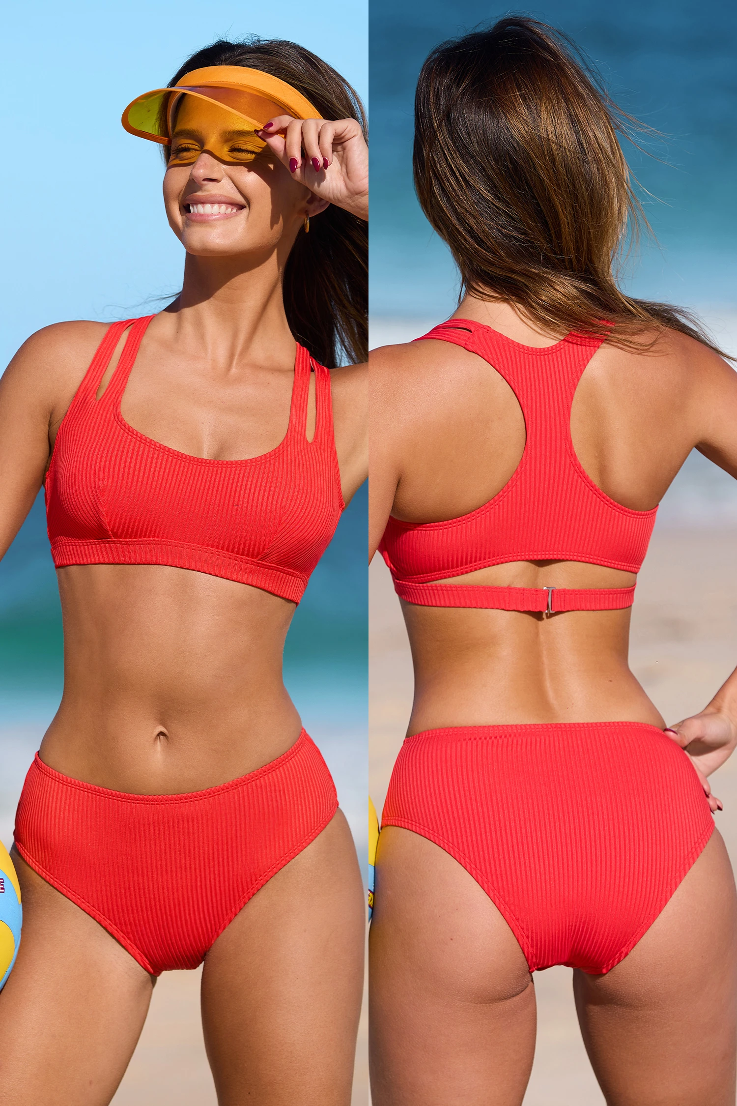 Red Sporty Scoop Neck Racerback Bikini Top & Mid-Rise Bottoms Set