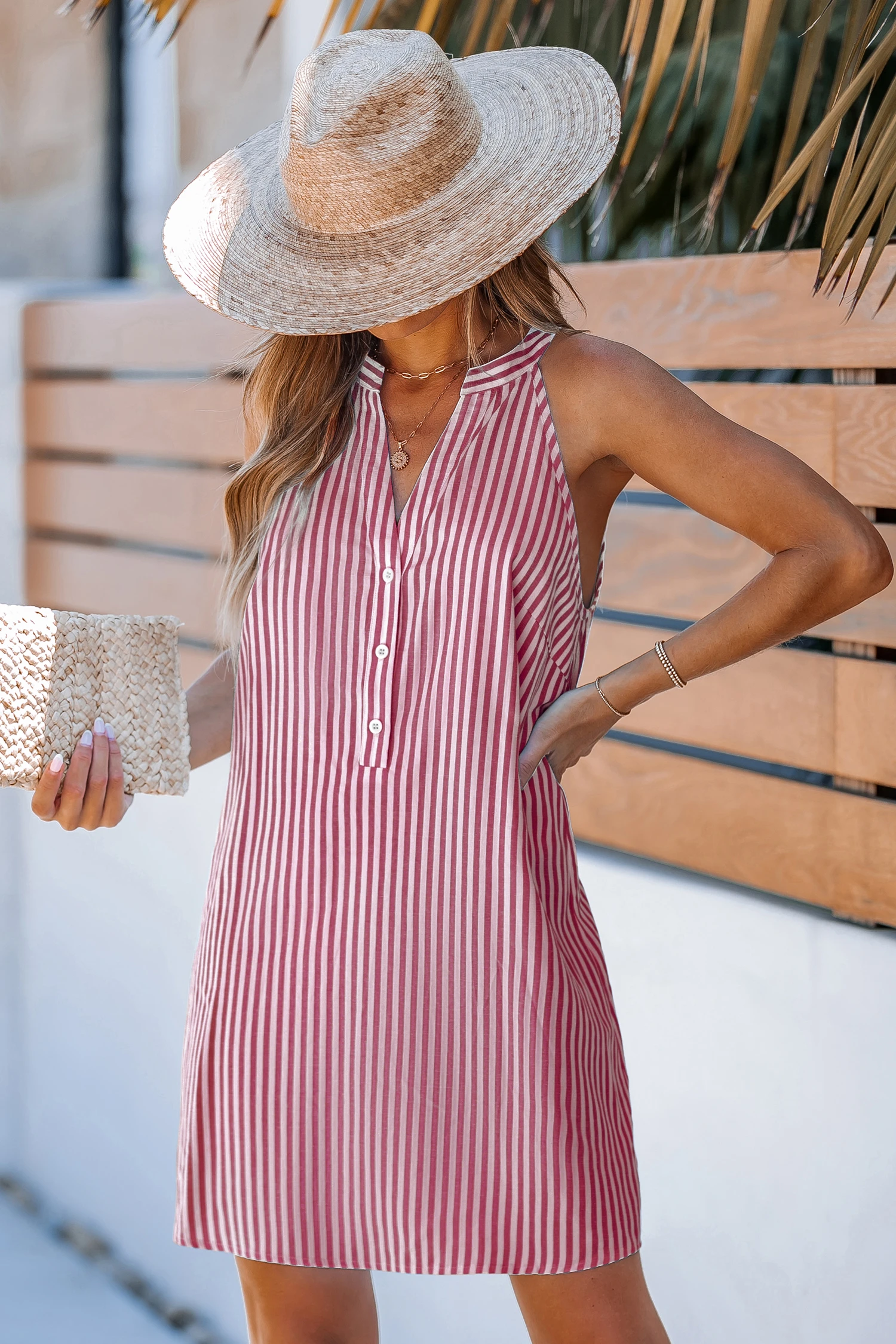 Red Stripe Notched Neck Mini Dress