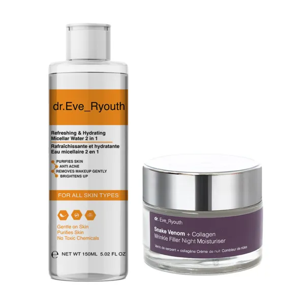 Refreshing and Hydrating Micellar Water in 150ML + Snake Venom + Collagen Wrinkle Filler Night Moisturiser 50ml - Black