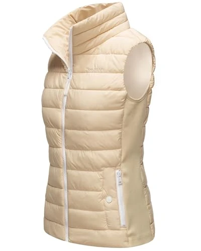 Reimii Women's Lightly Lined Quilted Vest Transition Jacket with Elastic Ribbed Cuffs on the Side and High Collar XS - 3XL, cream, S