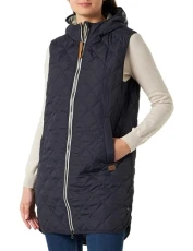 REPLAY Women's Long quilted vest with Hood made from recycled polyester, darkblue, 42