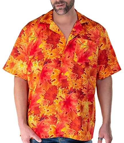 Retro Short Sleeve Shirt Autumn Leaves Orange Hawaiian Shirt for Men with Lapel Collar, Colourful, L