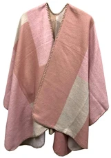 Reversible Knitted Oversized Poncho Scarf Wrap Cape for Women Ladies with Block Print Abstract Design Open Front Cardigan Block Print - Dusky Pink/Pink/Light Silver (BP_1)