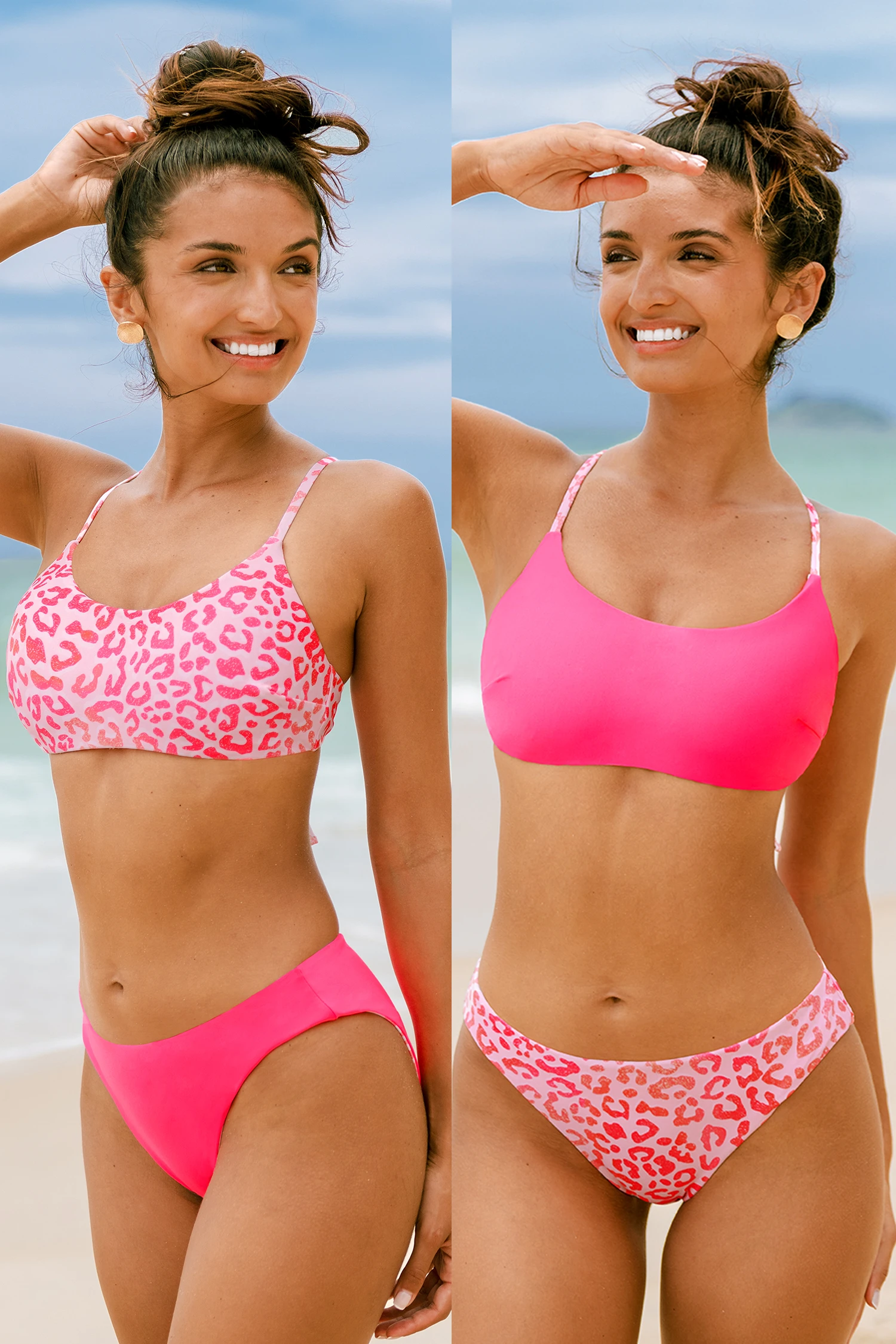 Reversible Pink Leopard Bikini Bralette & Bottoms Set - Hot Neon Pink