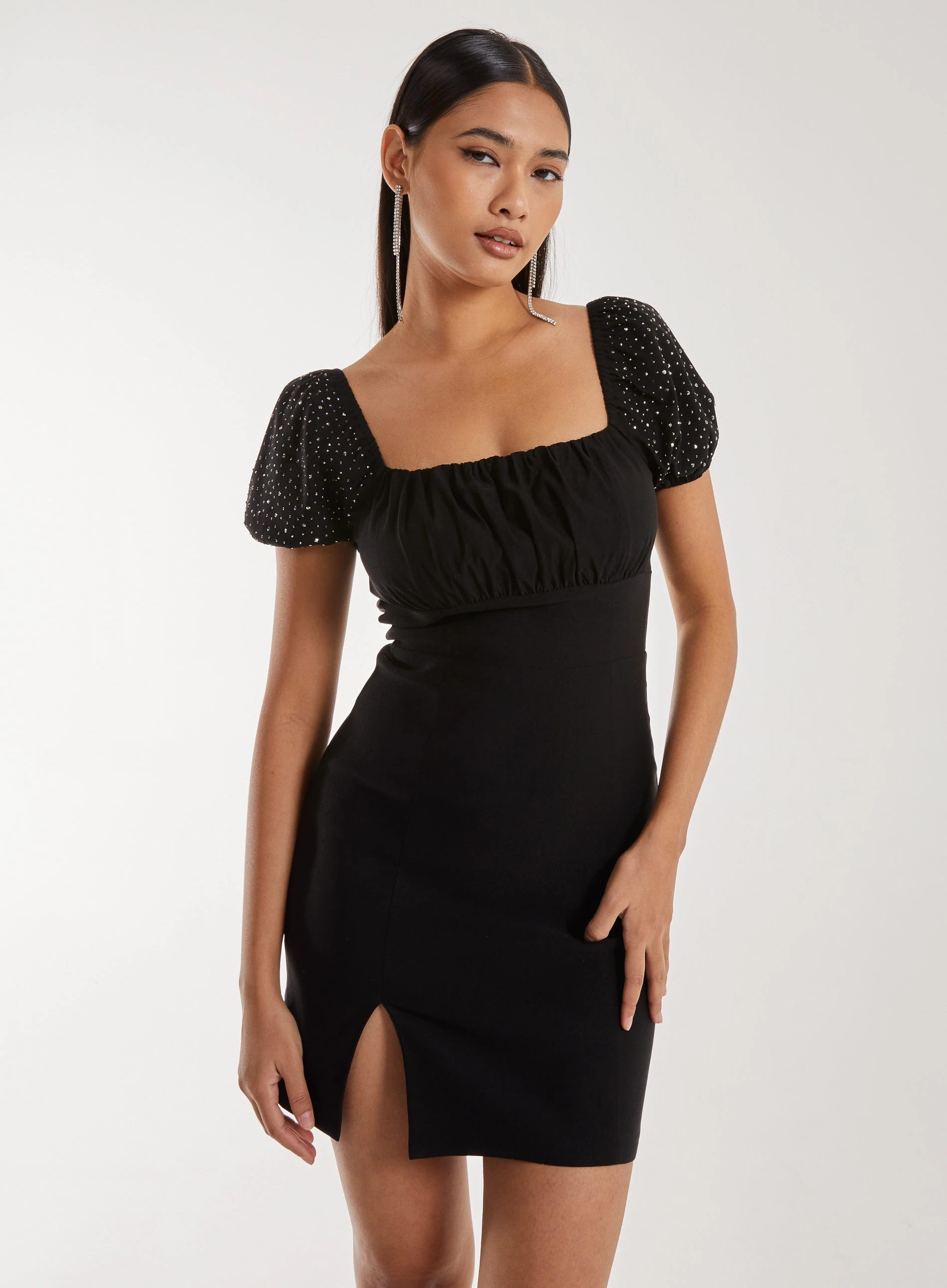 Rhinestone Puff Sleeve Strap Back Dress  - 6  - Black