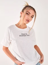 Rhinestone Slogan Cropped T-shirt WHITE