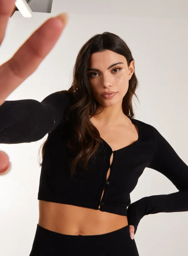 Rib Long Sleeve Button Down Top - - Black