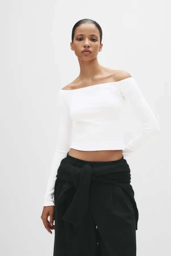 Ribbed Bardot Top - White